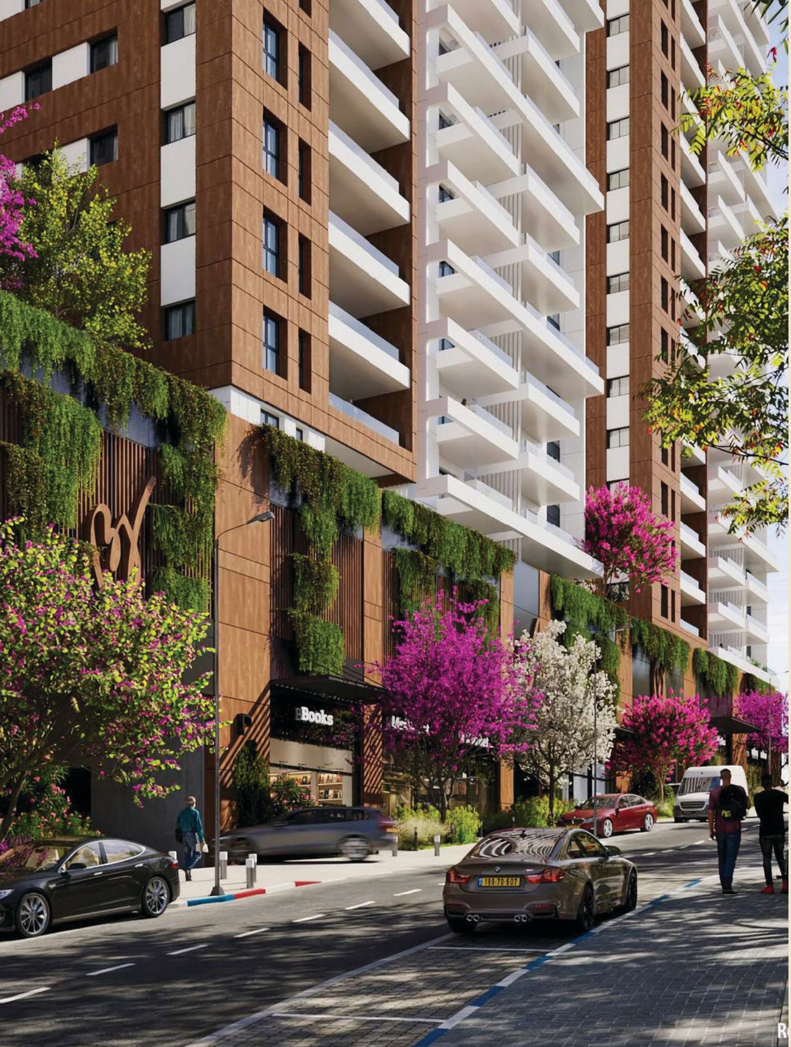 Street-level view of Eden with greenery and shops